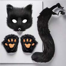 White - Animal Claw Paw Gloves With Cat Ears & Tail, Cute Plush Costume Props, Suitable For Cosplay, Halloween