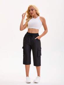 2025 夏季女士时尚工装七分裤，带松紧腰带和口袋，休闲街头服饰 - 黑色 - 查看 9