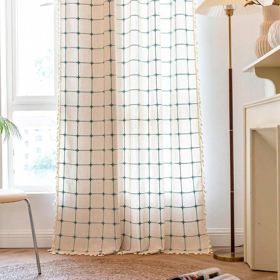 Boho Curtains 84 Inches Long Bedroom, Taupe Cotton Linen White Stripes Embroidery, Chic Hollow Geometric, Semi Blackout Window Vintage Drape With Tassels, 1 Panel W52 X L84, Fashionable Home Decor - 米色 + 藍綠色 - 查看 1