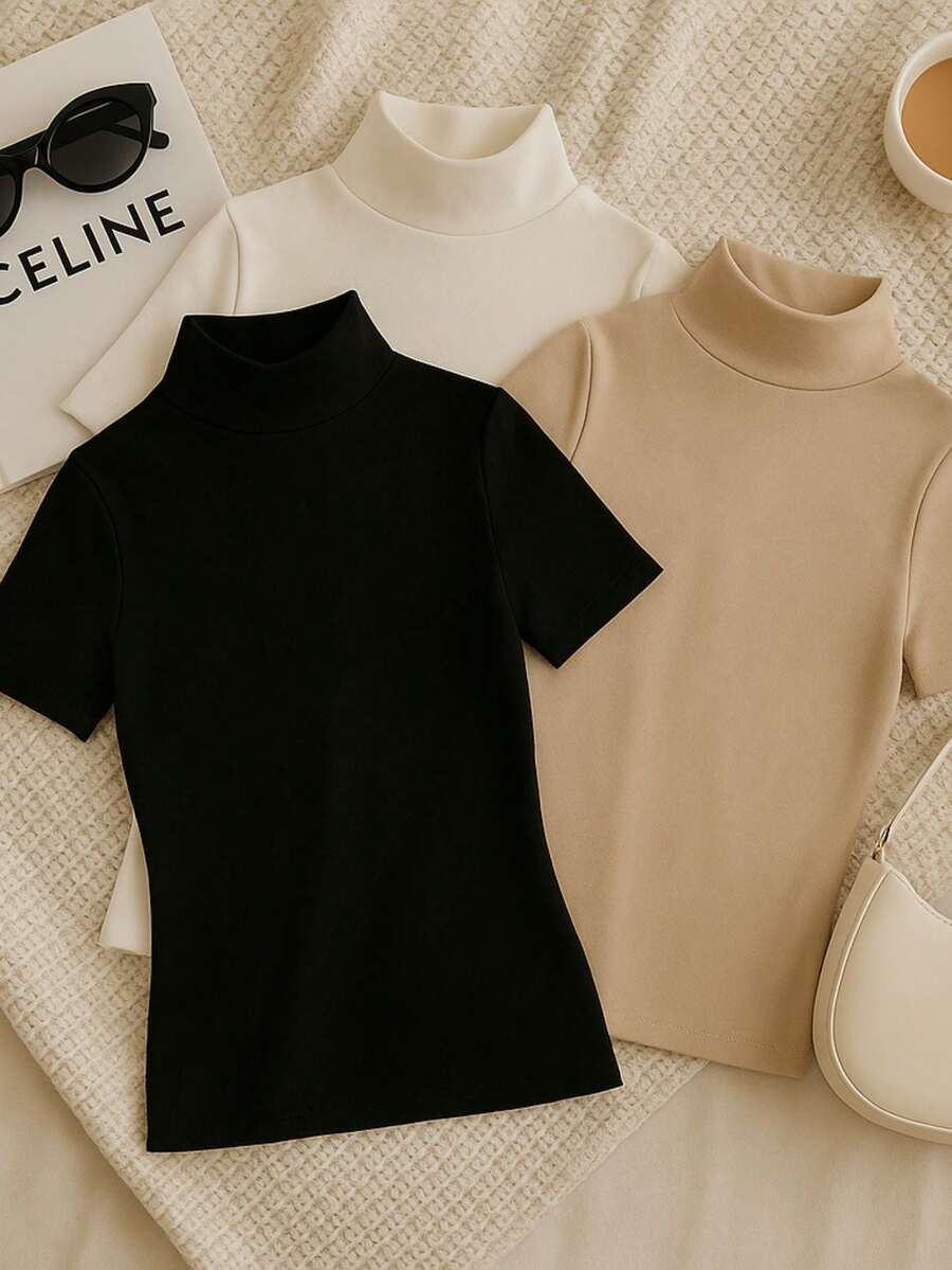 Kit 3 Suplex Blouses High Collar Basic Casual Women - Black/Beige/Off - View 1
