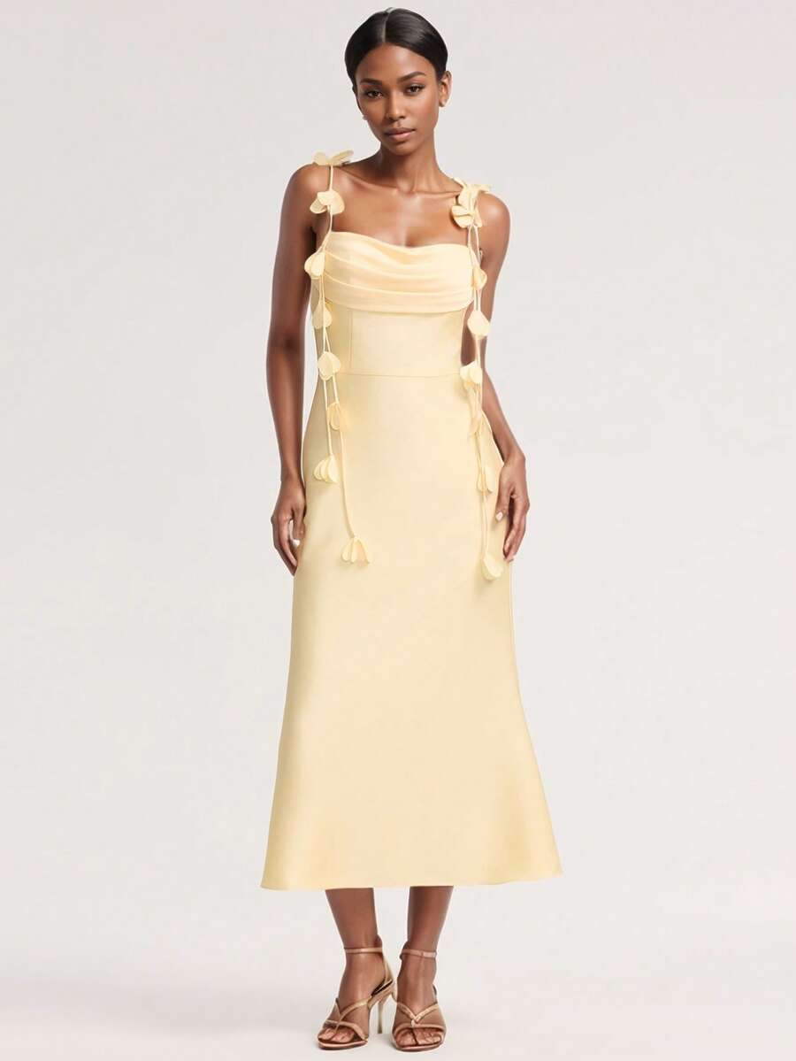 EVERPRETTY Vestido de dama de honor amarillo lindo de verano, vestido de invitada de boda de longitud media con tirantes de satén y flores 3D, adecuado para bodas, cumpleaños, galas, fiestas y otras ocasiones - Amarillo - Ver 1