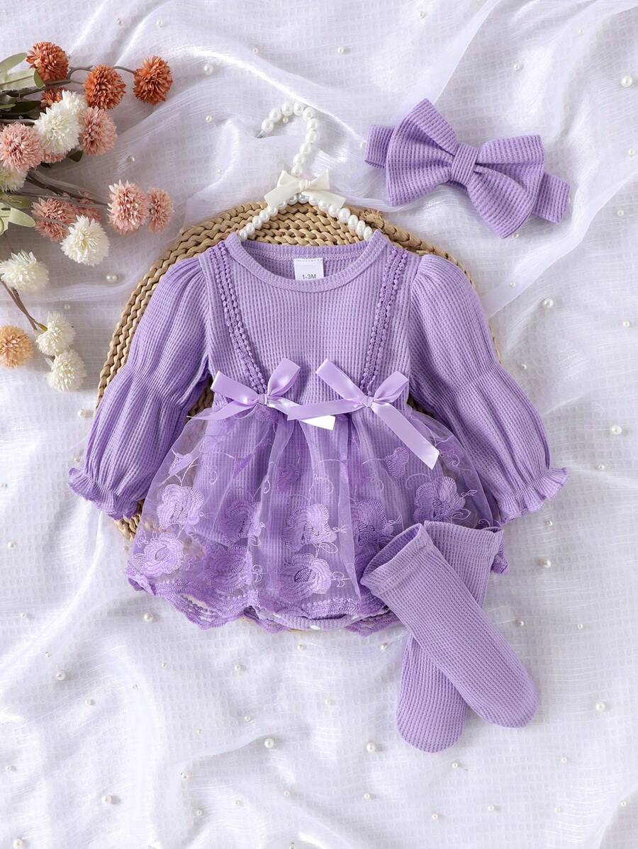 1pc Baby Girl Elegant Lace Mesh Long Sleeve Romper + Headband + Socks, Autumn/Winter