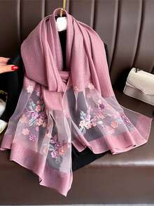 1 pezzo Sciarpa di seta elegante da donna con motivo traforato, perle finte e reticolare, sciarpa rossa tinta unita con fiore, sciarpa casual per la testa e il collo, adatta per l'uso quotidiano in autunno e inverno come accessorio