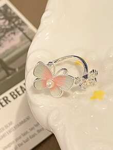 1件甜美花卉渐变粉色鱼尾油滴蝴蝶戒指女简约小众百搭独特高端麻花图案食指戒指 - 銀色 - 查看 10