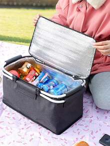 Foldable Nylon Picnic Bag, Outdoor Travel Insulated Lunch Tote Bag, Portable Food Cooler Basket With Handle - Black - Multicolor - View 4