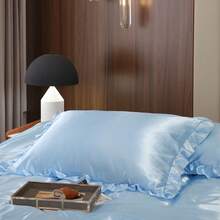 300 Thread Count Satin Duvet Cover Set Ruffled Duvet Cover Set Silk Like Satin Bedding Set Solid Color Bedding Sets Silky Ruffled Duvet Cover Set Luxury Hotel Bedding Cover Set All Season Quilt Cover With Pillowcases - Màu xanh nhạt - Xem 6