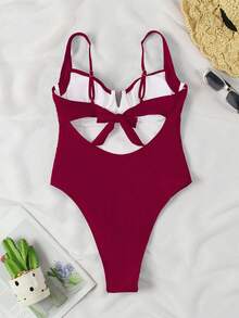 Polovedo官方性感V领黑白拼接连体泳衣，情人节 - 酒紅色 - 查看 3