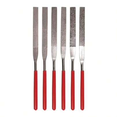 74330DF 6Piece Flat Diamond Grit File Set MultiGrit For Metals Glass Stones 7 Length 2 Diamond Surface Round Handles Comes With PVC Storage Bag