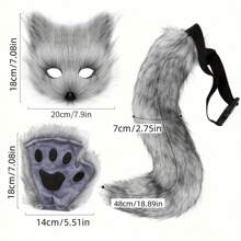 White - Animal Claw Paw Gloves With Cat Ears & Tail, Cute Plush Costume Props, Suitable For Cosplay, Halloween