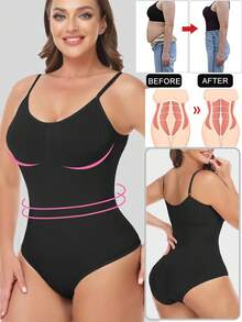 Shapewear Bodysuits For Women Tummy Control Full Body Shaper Belly Abdomen Compression Tank Top Vest Underwear Seamless Spaghetti Strap Sleeveless - 黑色 - 查看 2