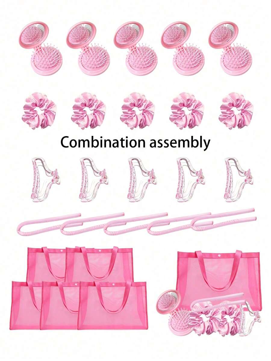粉色卷发工具一套，可折叠镜梳，粉色网袋，可折叠收纳，小巧便携，适合家庭、出差、学校、办公室，可作为礼物送给同学、同事、朋友、妈妈，以及返校季礼物 - 粉色 - 查看 1