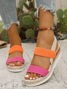 Women's Thick Sole Wedge Straw Braided Open Toe Double Strap Contrast Color Beach Sandals, Breathable Vacation Shoes, Summer