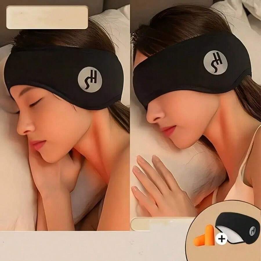 A Cotton Eye Mask With Noise Cancelling Earmuffs And Earplugs - Comfortable And Adjustable Soundproof Eye Mask For A Good Night's Sleep, Protect Your Ears From Noise, Travel Essentials, Solid Color Style, No Batteries Required - 黑色 - 查看 1