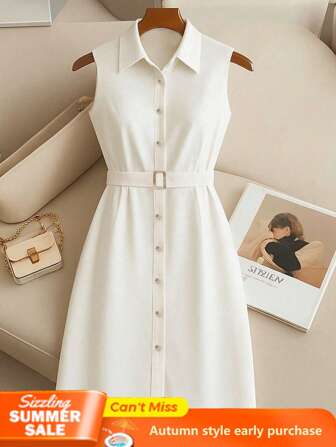 Women's Summer Dress, Elegant Solid Color Woven Fabric Buttoned Waist Belt Front Button Mid-Length Casual Dress