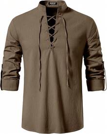 Men's Pure Cotton Retro Lace Up Shirts For Renaissance Pirate Viking Medieval - Coffee - View 2