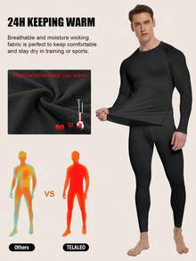 TELALEO 男士冬季保暖抓绒运动套装（4件套），保暖内衣套装，高弹力，紧身压缩健身服，贴身打底衫 - 黑色 - 查看 5