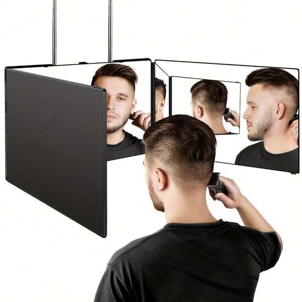 1 Pieza Espejo plegable profesional para corte de cabello - Ajustable 360° 3 vías, versátil para corte de cabello, afeitado, arreglo personal, organización facial, maquillaje, viaje y uso en baño y dormitorio - Accesorios de baño portátiles, ahorradores de espacio y con altura ajustable, excelente para volver a la escuela Espejo de 3 lados, vista de 360 grados, espejo ajustable de 3 vías para corte de cabello