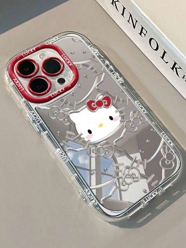 Sanrio 1 pieza Estuche de maquillaje con espejo de color crema con diseño minimalista de lazo y gato, funda de teléfono de material TPU resistente a golpes, adecuado como regalo de vacaciones compatible con Apple 11 Pro Max / 12 / 13 / 14 / 14 Plus / 15 / 15 Plus / 16 / 16 Plus