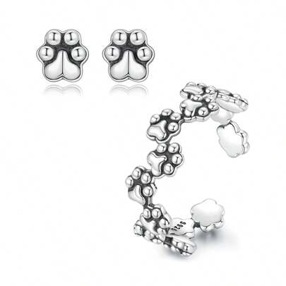 bamoer Juego de anillo con estampa de garra y aretes con estampa de garra de plata 925 pura de Bamoer, joyería de moda y personalizada para mujeres, adecuada para uso diario y fiestas