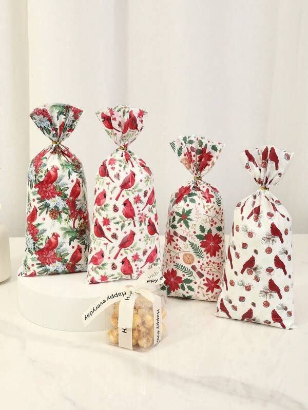 25/50/100 piezas Bolsas de regalo de Navidad 2025, bolsas de plástico con decoración de pájaros y flores para fiestas, perfectas para decoraciones navideñas, decoraciones navideñas para el hogar 2025, suministros para la temporada de invierno