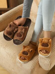 1 Pair Cute Capybara Peep Toe Home Slippers, Comfortable Lightweight Soft Plush Couple Indoor Slippers, Quiet Ladies' Floor Slippers