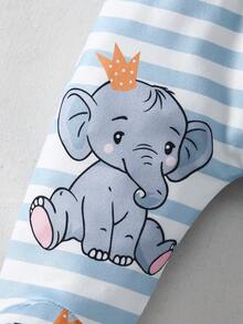 Crown Elephant Baby Four-Piece Set: Cartoon Print Jumpsuit + Striped Pants + Matching Hat And Socks - Fresh And Cute Outfit - 灰色 - 查看 8