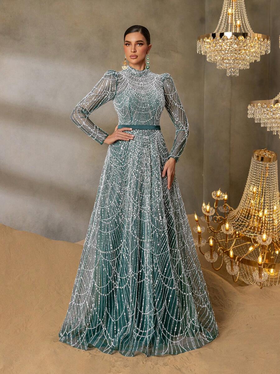 Elisanya Váy dạ hội chữ A đính cườm/sequin cổ cao tay dài FAERIESTY thanh lịch dành cho các buổi dạ hội trang trọng, sự kiện thảm đỏ, đám cưới sang trọng, tiệc chiêu đãi lớn và các sự kiện từ thiện cao cấp - Màu xanh lá cây đậm - Xem 1