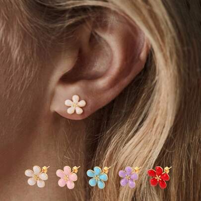 1 par de pendientes de botón clásicos y simples con flores coloridas para mujeres