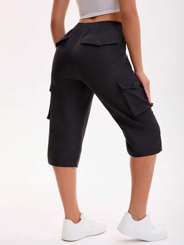 2025 Summer Women's Fashion Cargo Capri Pants With Elastic Waistband And Pockets, Casual Streetwear