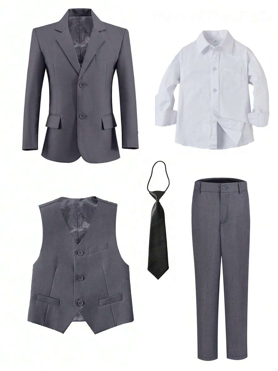 Tween Boy Suits 5-Pieces Suit Set Tuxedos Dresswear Ring Bearer Outfit Wedding Blazer Vest Pants Shirts Tie Formal Suits, Grey Size 6-16Y - 灰色 - 查看 1