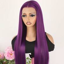 28 Inch Lace Front Halloween Wigs For Women Pre Plucked Hair-Line Dark Purple Color Free Part Hair Long Straight Glueless Synthetic Lace Front Wigs For Daily Party Cosplay Use - Màu tím - Xem 3