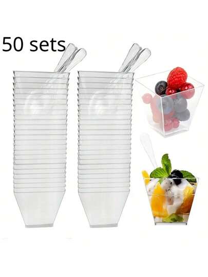 100/50/25/5 st. 2oz 60ml transparenta/guldfärgade dessertkoppar med pulver (med sked), mini återanvändbara dessertkoppar, festtillbehör, moussekoppar, puddingkoppar, utomhusresor och picknick