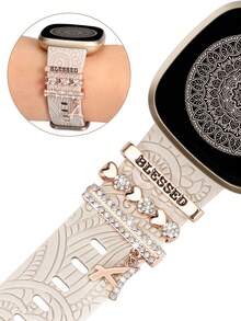 Compatible With Fitbit Versa 4 Bands For Woman/Sense 2/Sense/Versa 3 Bands, Soft Boho Engraved Fancy Silicone Sport Strap With 3Pcs Charm Decorative Ring Loops Compatible With Fitbit Smartwatch - For Fitbit Sense/ Sense 2/ Versa 3/ Versa 4 - View 3
