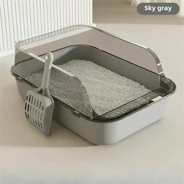 Three Pieces Set, High-Quality Plastic Litter Box Semi-Closed, Easy For Cats To Enter And Exit, With Litter Spatula, Square High Edge Design, Splash Guard Easy To Clean, Durable, Is The Best Gift For Cats, No Litter, No Lid, Not Fully Enclosed