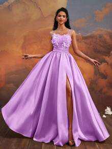 VIPGIRL Rochie de seară liliac cu un umăr, model floral 3D, liliac, linie A, rochie elegantă de bal din tul despicat, rochie de domnișoară de onoare, rochie formală, rochie de absolvire, rochie de invitată la nuntă, rochie de petrecere lungă până la podea, rochie de primăvară-vară