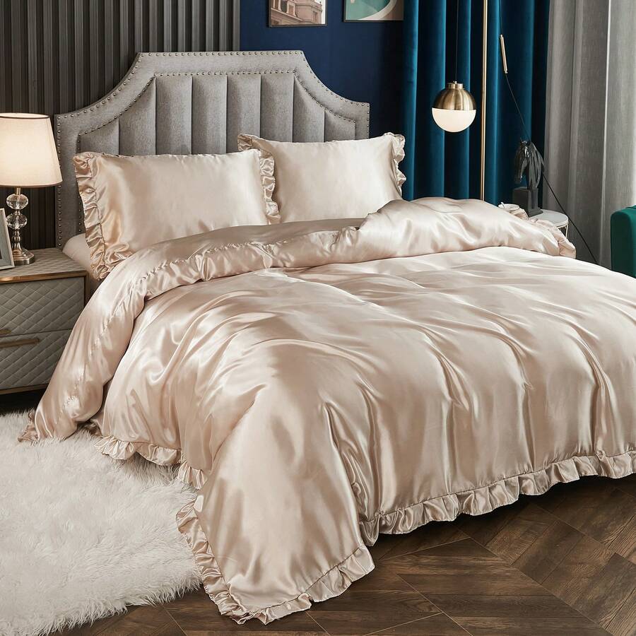 300 Thread Count Satin Duvet Cover Set Ruffled Duvet Cover Set Silk Like Satin Bedding Set Solid Color Bedding Sets Silky Ruffled Duvet Cover Set Luxury Hotel Bedding Cover Set All Season Quilt Cover With Pillowcases - Màu Khaki - Xem 1