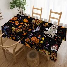1pc Rectangular Tablecloth With Whimsical Halloween Theme, Colorful Skull, Ghost, Pumpkin Elements, Suitable For Daily Home, Living Room, Dining Room, Theme Party Events, Washable And Reusable