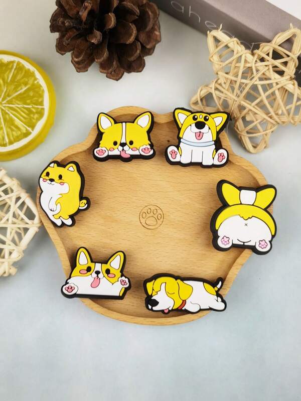 Set de 6 piezas Accesorios desmontables con diseño de dibujos animados de mascotas para sandalias y muñequeras, decoración personalizable para pantuflas y teléfonos, adecuado para amantes de los animales, regalo de cumpleaños/festividad