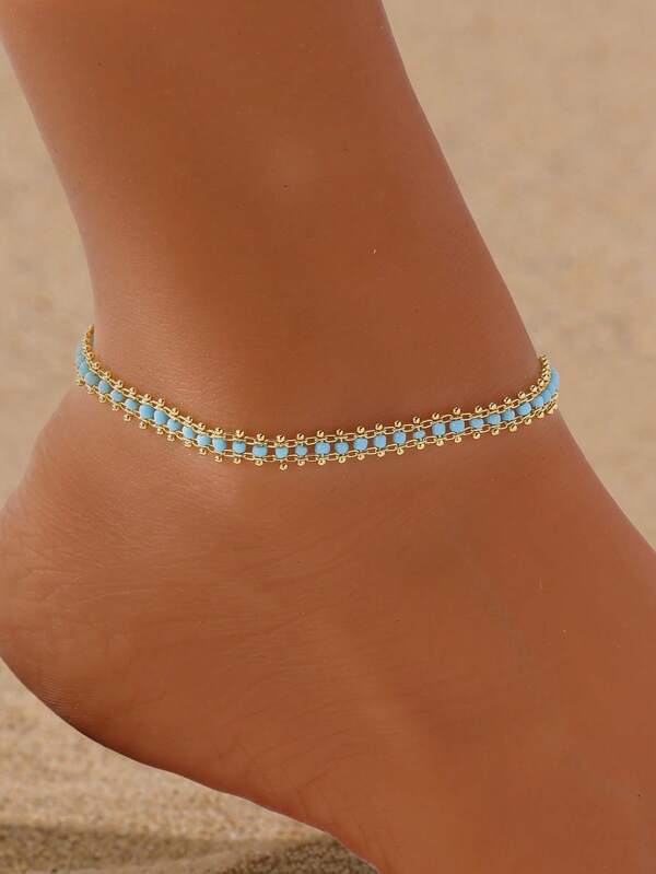 Fashionable Bohemian Blue Turquoise Beaded Anklet Copper Alloy Foot Chain Suitable For Women's Daily Wear, Beach Vacation Party, Girl's Holiday Gift