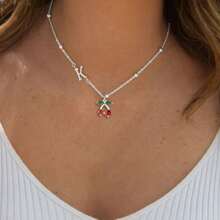1pc New Initial Cherry Pendant Silvery Stainless Steel Bead Chain Necklaces For Women