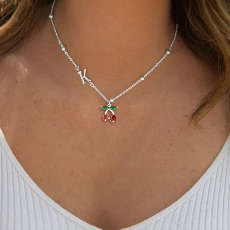 1pc New Initial Cherry Pendant Silvery Stainless Steel Bead Chain Necklaces For Women