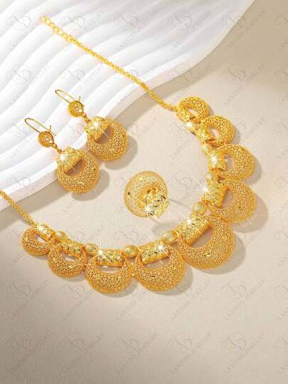 New! 24K Gold Plated Dubai Fashion Elegant Women Jewelry Set: Flower Shaped Earrings, Necklace, Ring - Minimalist Jewelry Set, Middle East Style Elegant For Party, Wedding, Daily Casual Wear