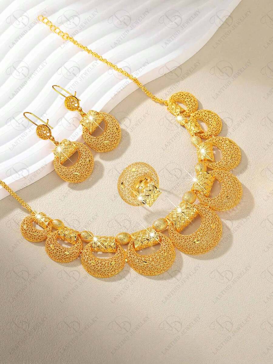 New! 24K Gold Plated Dubai Fashion Elegant Women Jewelry Set: Flower Shaped Earrings, Necklace, Ring - Minimalist Jewelry Set, Middle East Style Elegant For Party, Wedding, Daily Casual Wear - Gold - View 1