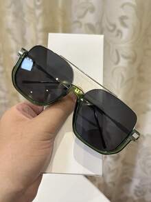 1pc Women's Casual Vintage Square Large Frame Dual-Bridge Tinted Fashion Glasses, Suitable For Daily Wear, Beach, Street Style, Summer Aviator Shape Shades - Lime Green - View 8