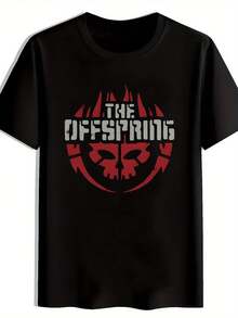 Men's Retro Rock Band Graphic Tee - Black Short Sleeve T-Shirt With THE OFFSPRING Skull Logo, Distressed Lettering And Red Details - Breathable Polyester Summer Casual Top, Suitable For Concerts, Festivals, Beach - Machine Washable, Metallic Design T-Shirt, Regular Fit - 黑色 - 查看 2
