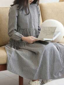 女童格子长袖休闲宽松连衣裙，甜美风格，适合春秋季派对礼物 - 黑色 - 查看 7