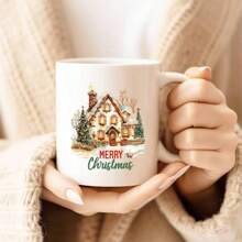 1 Stück rustikale Weihnachtshaus Keramiktasse - große isolierte Kaffeetasse mit Griff, wiederverwendbare Feiertags-Teetasse, perfektes Geschenk für Männer & Frauen, einzigartiges Geschenk für Wichteltausch, spülmaschinenfest, Heim- & Küchendekoration