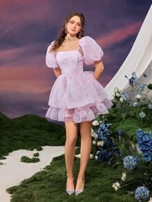 Faeriesty 公主风：春夏方领泡泡袖荷叶边A字连衣裙 - 适合早午餐、办公室、购物、咖啡约会、公园郊游 - 粉色 - 查看 5