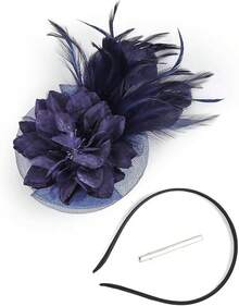 Fascinators Hats Women,Tea Party Fascinator Hair Clip With Feathers Wedding,Derby Hats Headbands - 款式1-深藍色 - 查看 6