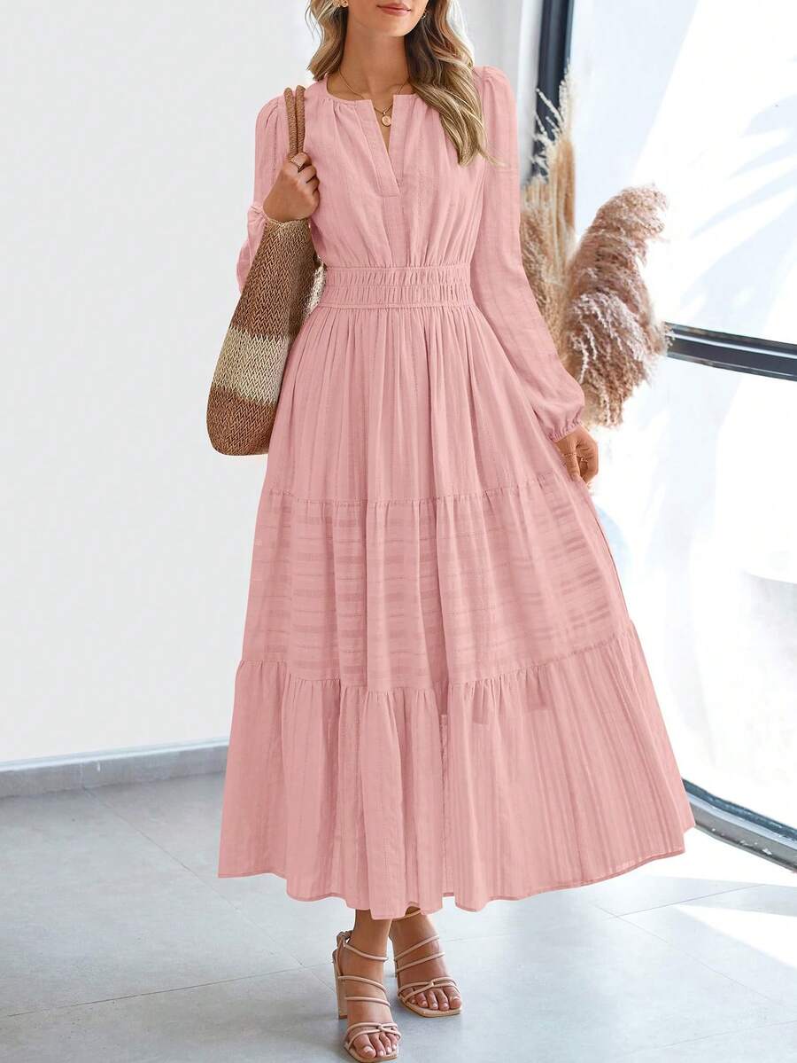 Women Fall Maxi Dresses Long Sleeve High Waist Tiered Flowy A-Line Boho Bohemian Long Dress Beach Holiday Vacation Wedding Guest Valentine Outfit - 粉色 - 查看 1